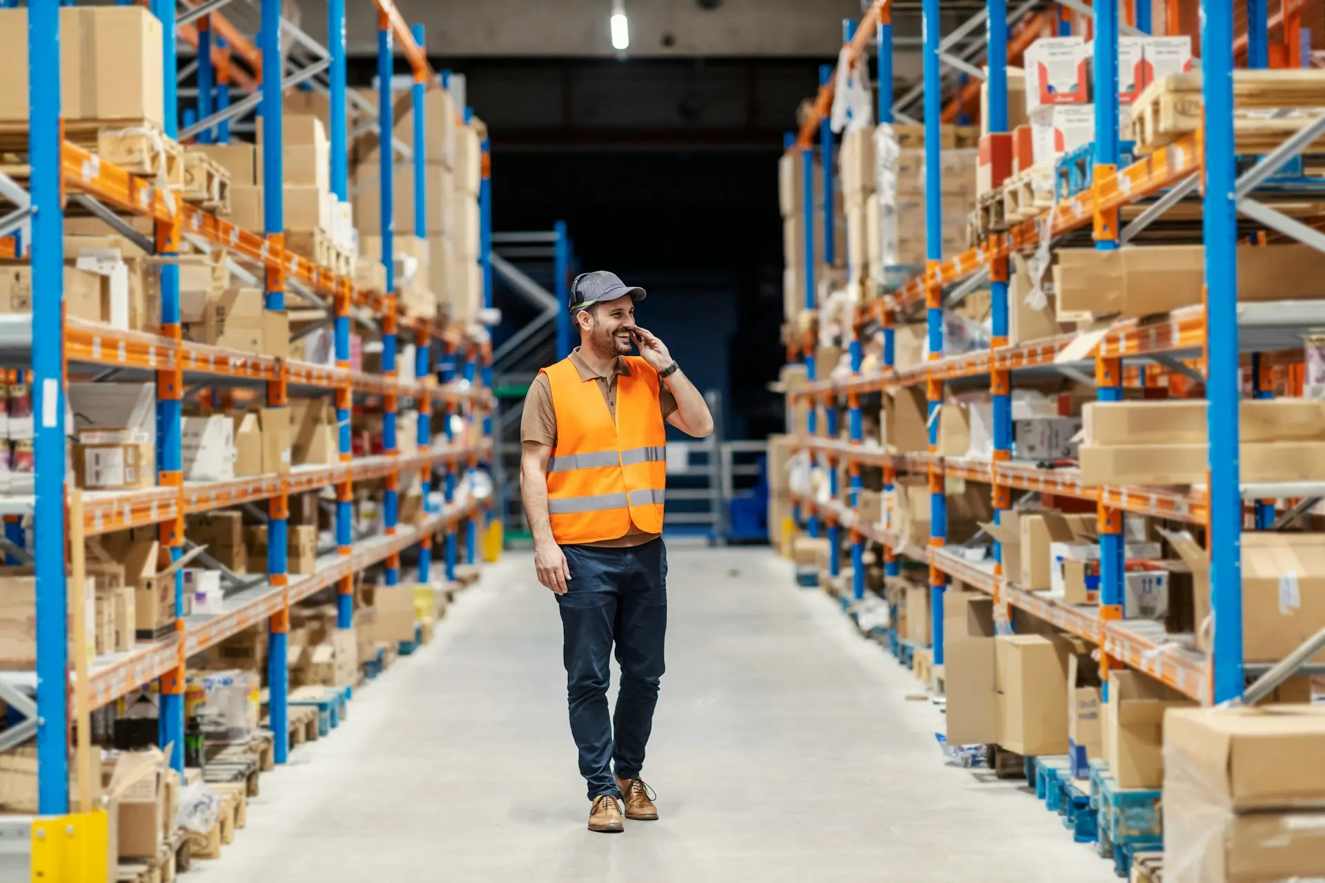 A logistics worker in a high-visibility vest walking through a warehouse in Toluca, symbolizing the city's robust logistics operations. Perfect for highlighting premier recruitment services in Toluca, attracting skilled professionals in the logistics and supply chain sectors.